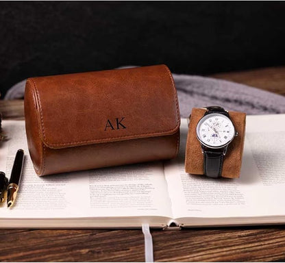 Personalized Leather Watch Roll for Men, Custom Travel Watch Box Cases Holder for 3 Watches, Wedding Groomsmen, Valentines for Boy Friend, Father's Day for Dad, Handcrafted Gift for Grandpa