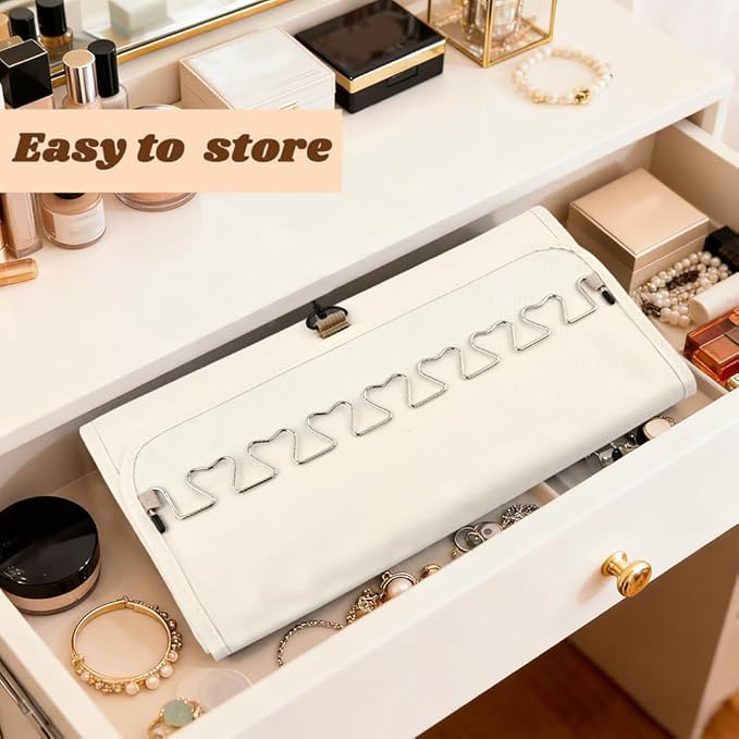 48 Pocket Oxford Fabric Double Sided Hanging Rotating Jewelry Organizer, Bracelet Necklace Jewelry Display Hanger for Closet Door, Earring Dustproof Holder Wall Mount Accessories(Off-white)