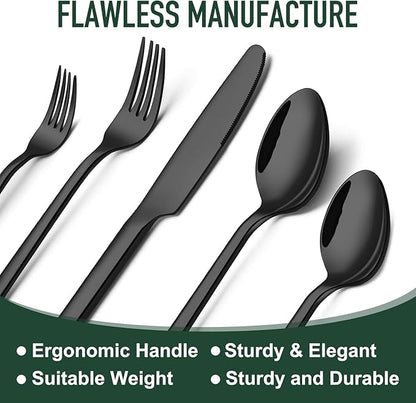 21-Piece Modern Black Silverware Set with Organizer Tray Stainless Steel Eating Utensil Sets Kitchen Knives Forks and Spoons Cutlery Set Heavy Duty Tableware Flatware Sets for 4, Dishwasher Safe
