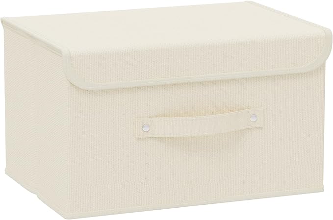 Storage Boxes, Collapsible Storage Bins with Lids, Cotton and linen cloth Storage Baskets with Handle, for Books, Closet, Bedroom, Home, 13x9.1x7.9 in, Beige