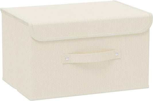 Storage Boxes, Collapsible Storage Bins with Lids, Cotton and linen cloth Storage Baskets with Handle, for Books, Closet, Bedroom, Home, 13x9.1x7.9 in, Beige