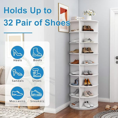 Shoe Organizer 8-Tier Spinning Shoe Rack - 360° Rotating Storage Organizer for 20-32 Pairs, Space Saving Narrow Design for Entryway/Closet Closet Handbag Display Rotate (White-8)