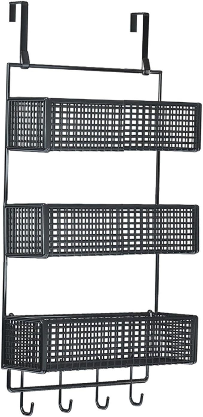 Over The Door Organizer Wall Mounted Shelf Large Capacity Seasoning Shelves Door Back Metal Wire Basket for Cabinet Bedroom, S Black