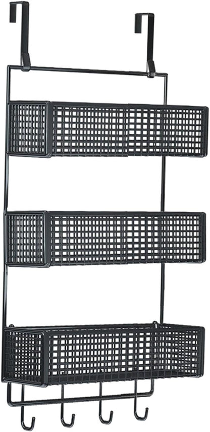 Over The Door Organizer Wall Mounted Shelf Large Capacity Seasoning Shelves Door Back Metal Wire Basket for Cabinet Bedroom, S Black