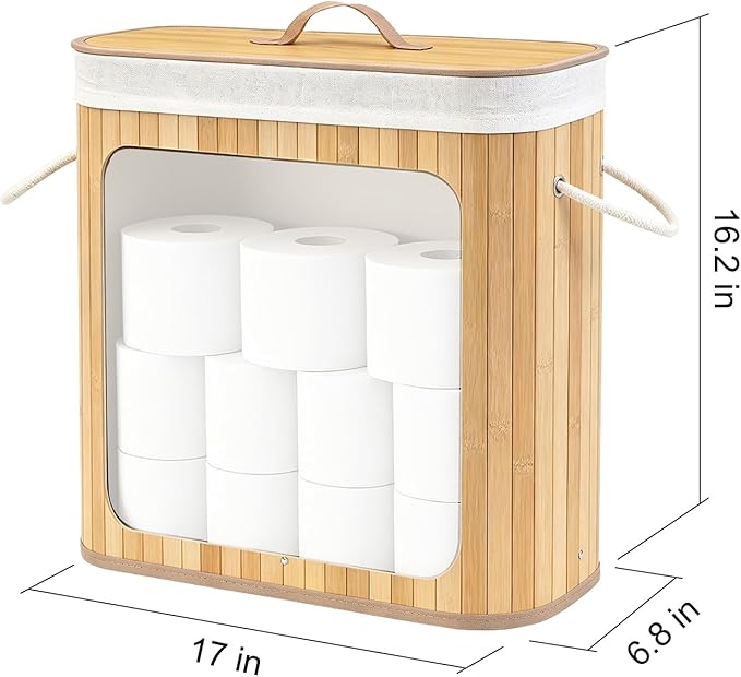 Large Bamboo Toilet Paper Basket with Lid, Holds 12 Mega Rolls, Eco-Friendly Bamboo Toilet Paper Holder, Easy to Install, Bathroom & Kitchen Storage Organizer