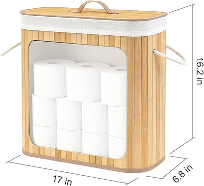Large Bamboo Toilet Paper Basket with Lid, Holds 12 Mega Rolls, Eco-Friendly Bamboo Toilet Paper Holder, Easy to Install, Bathroom & Kitchen Storage Organizer