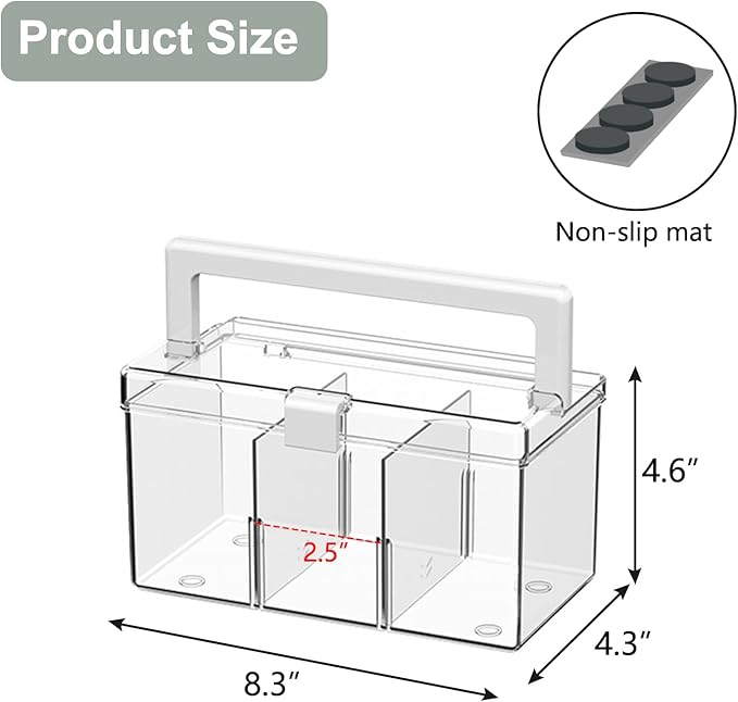 KIMCHOMERSE Large Qtip Holder, Cosmetic Organizer with Carry Handle, Adjustable 3 Compartments Qtip Dispenser for Swabs, Cotton Pads, Small Items Storage Organizer for Desktops and Drawers - Clear