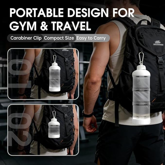 BYLWORKOUT 3 Layers Protein Travel Container with Funnel and Keychain | Cute Protein and Kitchen Storage Containers | Clear Plastic Kitchen Grade Box Organisers for Workout and Travel (White)