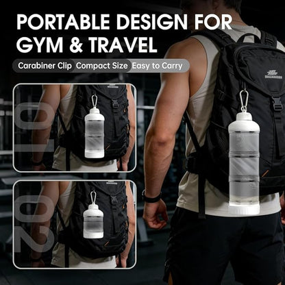 BYLWORKOUT 3 Layers Protein Travel Container with Funnel and Keychain | Cute Protein and Kitchen Storage Containers | Clear Plastic Kitchen Grade Box Organisers for Workout and Travel (White)