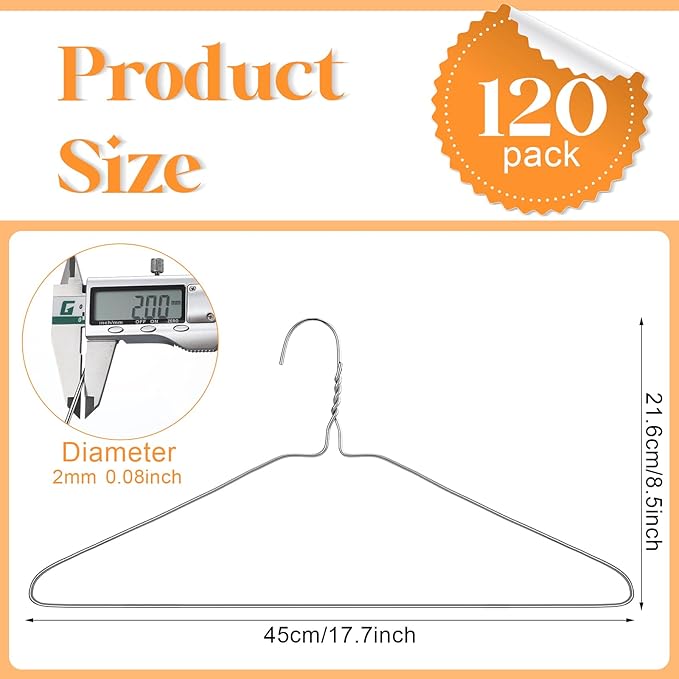 Yuntau 120 Pcs Wire Hangers Bulk 17.7" Dry Cleaner Hangers, Suit Holders for Home Caped Clothing (Silver)