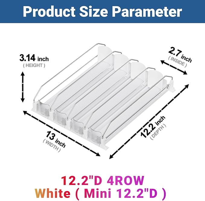 Drink Organizer for Mini Fridge (Fits Depth ≥ 12.2"), 12oz 16oz 20oz Soda Can Dispenser, Width Adjustable Automatic Pusher Glide, 12.2" D 4ROW Holds 16 Cans, White