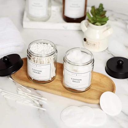 2-Pack Bathroom Apothecary Storage Jars, Vanity Countertop Canister, Glass Jars Q-tip Holder, Cotton Swab Container, Bathroom Storage Container with 8 Pcs Waterproof Labels (9 Oz, Clear)