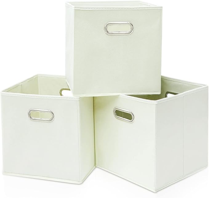 Black Fabric Cubby Storage Bins,13x13x13 Inches ,Cube Organizer Bin Foldable Storage Boxes with Dual Handles Fabric Organizer Box and collapsible Storage basket,Set of 3,Creamy-White