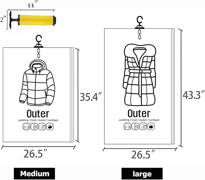 Hanging Vacuum Storage Bags, 2024 New Reusable Hanging Vacuum Storage Bags for Clothes, Coats, Jackets, Hanging Compressible Storage Bag Space Saver Bags with Hand Pumps (Medium, 2Pcs)
