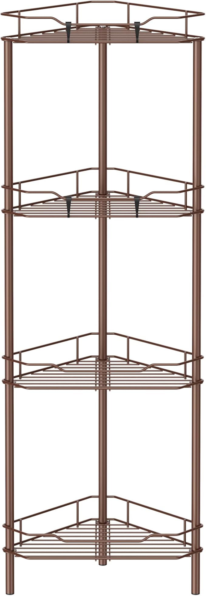 HuggieGems 4 Tier Floor Standing Corner Shower Caddy Organizer Shelf with Hooks, Bathroom Shelves Stand Rack, Coffee