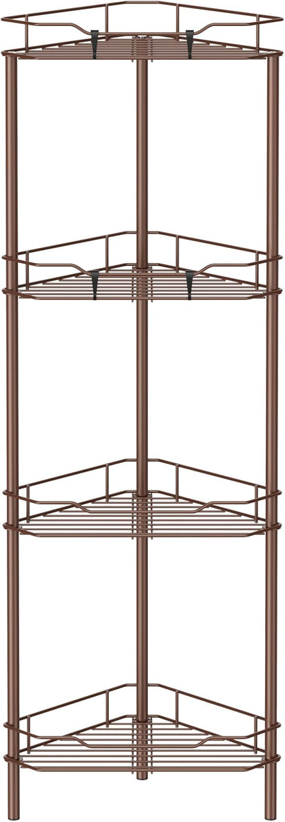 HuggieGems 4 Tier Floor Standing Corner Shower Caddy Organizer Shelf with Hooks, Bathroom Shelves Stand Rack, Coffee