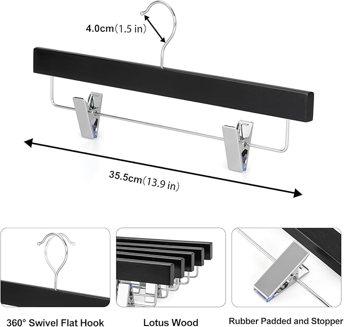 TOPIA HANGER Black Wood Pants Hangers, Wooden Skirt Short Jeans Trouser Hanger with Smooth Surface 360° Swivel Hook Anti Rust 2 Adjustable Clips, 20 Pack, CT10PB20