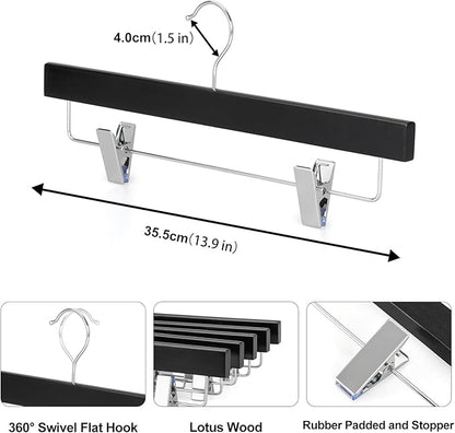 TOPIA HANGER Lotus Wood Pants Hangers, Black Wooden Skirt Short Jeans Trouser Hanger with Smooth Surface 360° Swivel Hook Anti Rust 2 Adjustable Clips, 10 Pack, CT10PB