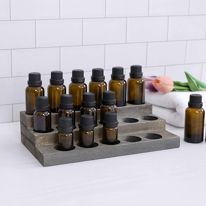 MyGift Vintage Gray Wood 3-Tier Essential Oil Display Stands, Countertop Organizer Rack for 17 Bottles Each