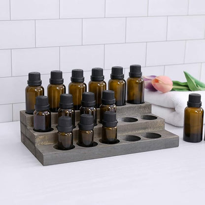 MyGift Vintage Gray Wood 3-Tier Essential Oil Display Stands, Countertop Organizer Rack for 17 Bottles Each
