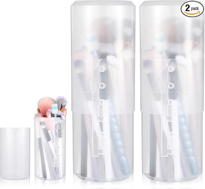Trinkrittey 2 Pack Travel Makeup Brush Holder Retractable Makeup Brush Cup Plastic Clear Portable Cosmetic Travel Makeups Accessories with Lid Dust-proof Brushes Storage Case for Women Makeups Artist