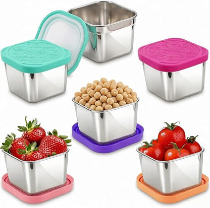 Showvigor 6-Pack Stainless Steel Snack Containers with Lids, 2-Compartment Snackle Box for Adults, 6oz Leakproof Metal Food Storage for Office & Gym, Reusable Portion Control Prep Set