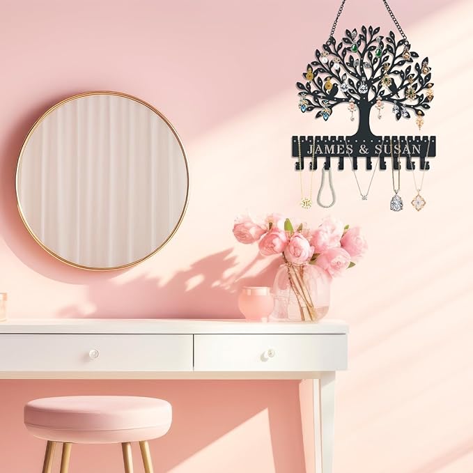 Personalized Tree of Life Metal Wall-Mounted Earring Holder, a hanging jewelry organizer with hooks, suitable for earrings, studs, necklaces, and other accessories Valentine's Day Gift