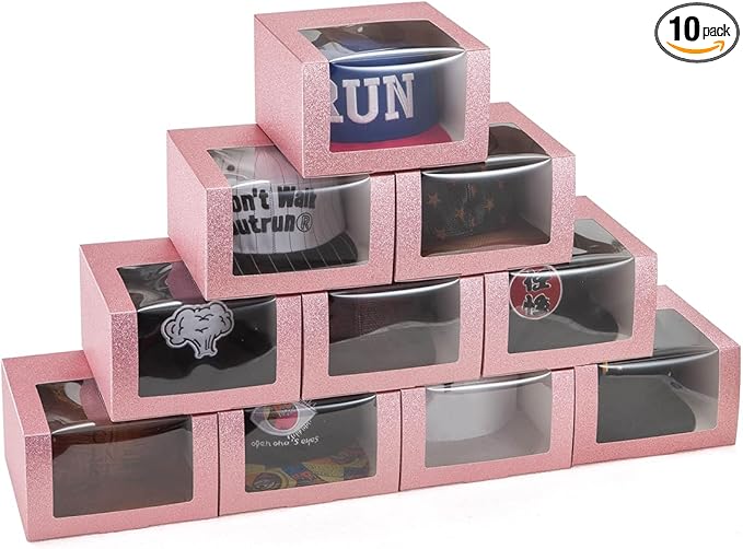 LADYBRO 10 Pack 7.8" x 7.8" x 4.8" Black Gift Boxes with Window Display for Hat Storage Containter for Baseball Caps (Fitted, Snapbacks, Trucker) (Glitter Pink, 7.8" x 7.8" x 4.8")