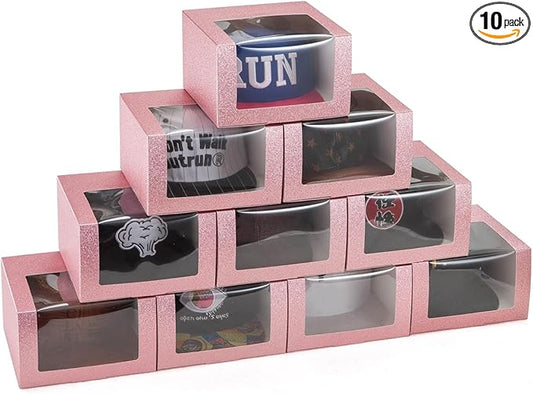 LADYBRO 10 Pack 7.8" x 7.8" x 4.8" Black Gift Boxes with Window Display for Hat Storage Containter for Baseball Caps (Fitted, Snapbacks, Trucker) (Glitter Pink, 7.8" x 7.8" x 4.8")