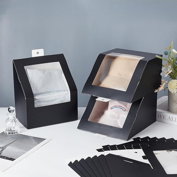 AHANDMAKER 10 Pcs Black Hat Storage Box, Foldable Cardboard Gift Storage Boxes with Clear PVC Window, 7.8" x 7.8" x 4.7" Storage Containter for Baseball Hat Display Case Holder