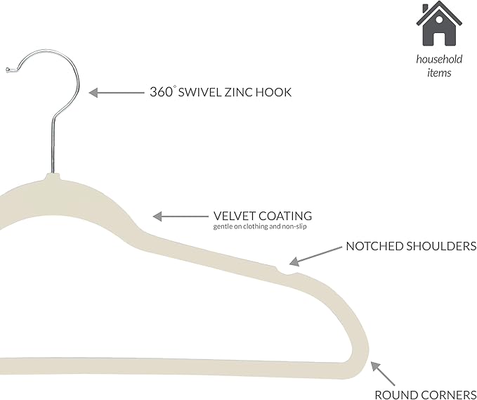 Simplify Slim Velvet Clothes Hangers | 100 Pack | Non-Slip | Shirts | Suit | Pants | Dresses | Garments | Closet Storage & Organization | Durable | Ivory