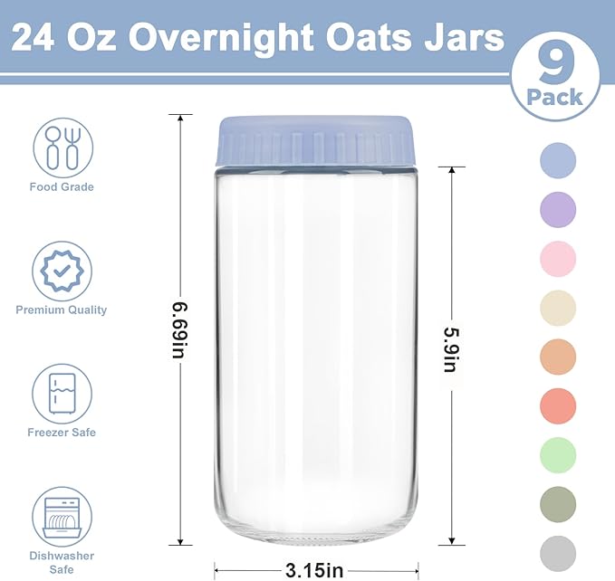 Overnight Oats Containers with Lids, 24oz Wide Mouth Mason Jars with Lids, 9 Pack Glass Jars with Airtight lid for Chia Pudding Yogurt Salad, Meal Prer Oatmeal Jars, Blue