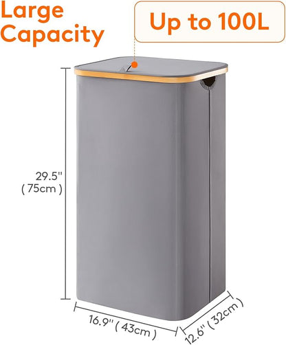 Lifewit 100L Laundry Basket with Lid, Clothes Hampers for Laundry with Bamboo Handles and 1 Removable Bag, Large Foldable Laundry Hamper for Bedroom, Bathroom, Dorm, Laundry Room, Gray