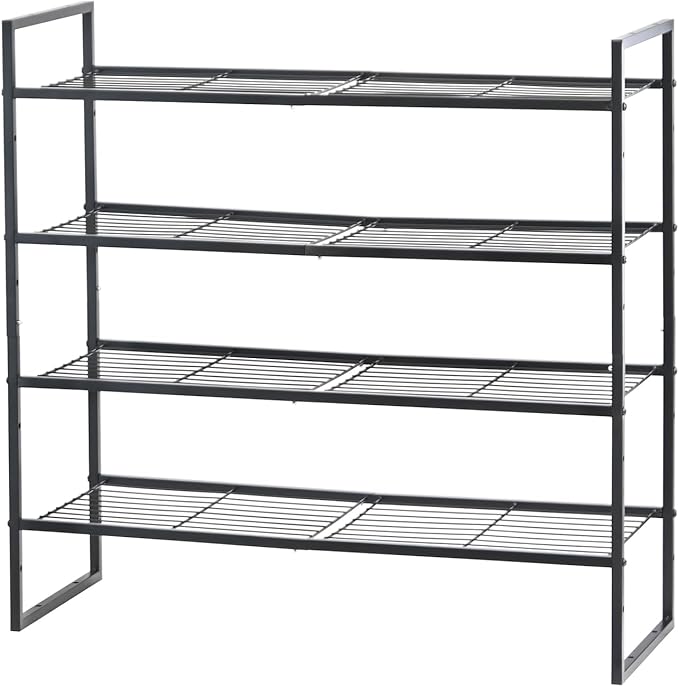 4 Tier Shoe Rack, Industrial 27" Wide Shoe Organizer with Extra Thick Metal Frame, Closet Shoe Shelf with Quick Assembly, Matte Black