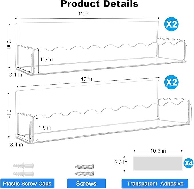 12 inch Spice Rack Wall Mounted,4 Pack Spice Organizer Shelf for Stove Cabinet Pantry Door, Adhesive or Screw Hanging Wall Spice Shelf Storage Holder in Kitchen and RV - Clear Color