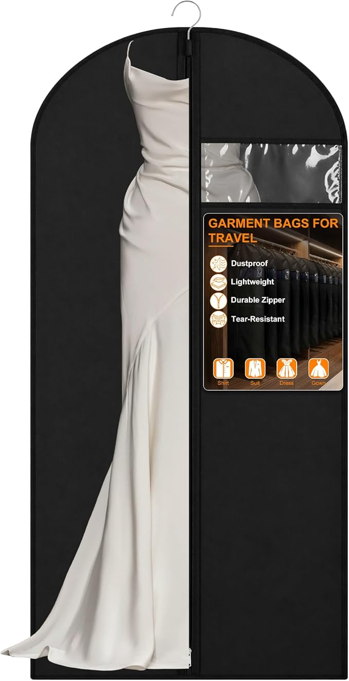 Garment Bags for Travel & Hanging Clothes, 55" Suit Bag for Closet Storage, Lightweight Dress Bags for Gowns Long, Dustproof Garment Covers with Clear Window & Reinforced Zipper, Black (1 Pack)