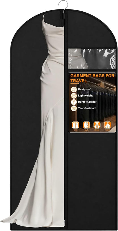 Garment Bags for Travel & Hanging Clothes, 55" Suit Bag for Closet Storage, Lightweight Dress Bags for Gowns Long, Dustproof Garment Covers with Clear Window & Reinforced Zipper, Black (1 Pack)
