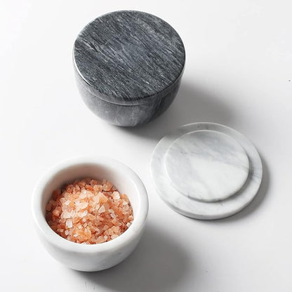 jalz jalz Marble Salt and Pepper Box Set with Spoons and Lid, Salt Cellar Salt Keeper Container, Black and White, Large Capacity 10 Ounce Bowl, 4 inch Diameter, 2.8 inch Height