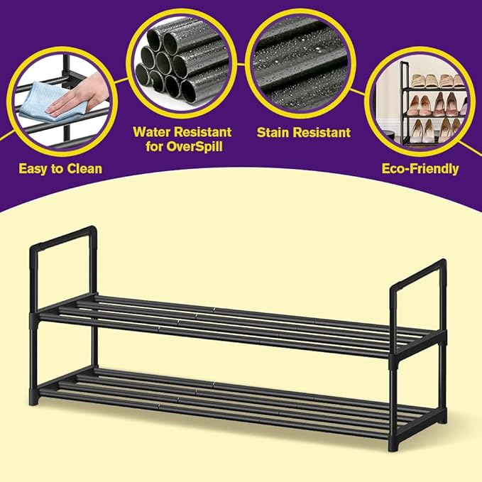 Shoe Rack - Metal Shoe Rack Organizer - Stackable Shoe Storage Shelf for Entryway, Closet, Bathroom 30cm(D) x 92cm(W) x 55cm(H) -Black (2-Tier)
