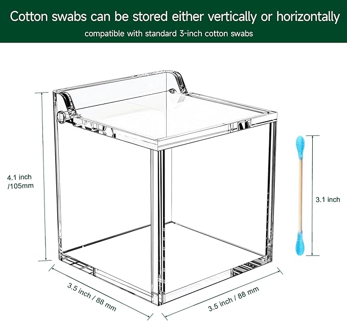 Qtip Holder Dispenser for Cotton Swabs, Balls, Pads, Floss Picks, Clear Acrylic Container with Lid Apothecary Jar Bathroom Accessories Canister Vanity Storage Organizer
