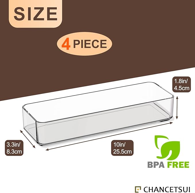 CHANCETSUI Clear Acrylic Drawer Organizer Storage: Stackable Plastic Storage Tray for Makeup and Personal Care, 4 Pieces, 3x9 Inch