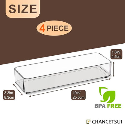 CHANCETSUI Clear Acrylic Drawer Organizer Storage: Stackable Plastic Storage Tray for Makeup and Personal Care, 4 Pieces, 3x9 Inch