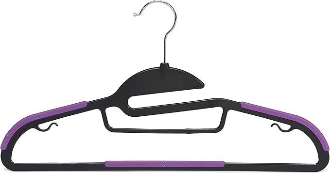 Amazon Basics Space Saving Non-Slip Rubber Coated Plastic Hangers with 360 Degree Swivel Hook, Black/Purple, Pack of 50