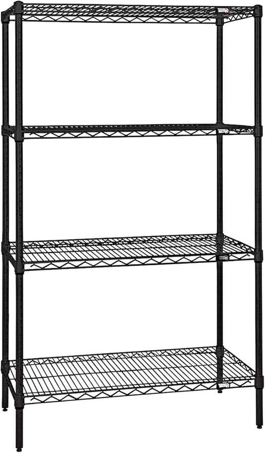 Quantum Storage Systems WR63-2430BK Wire Shelving Starter Kit, 30" W x 24" D x 63" H, 600 lbs Capacity, Carbon Steel, Epoxy Coated, Black, NSF
