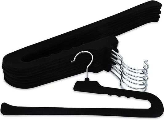 Velvet Pants Hangers - 8 Pack Black Non Slip Open Ended Hanger with 360 Swivel Hook - Closet Space Saving Hanger for Heavy Pants, Jeans, Trousers, Scarf