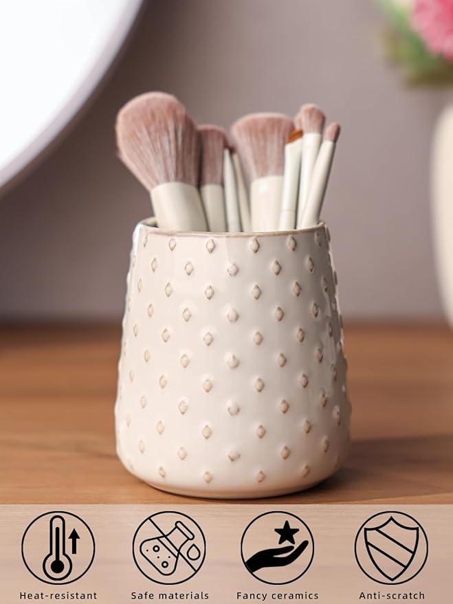 Ceramic Makeup Brush Holders, Farmhouse Bathroom Vanity and Countertop, Brushes Cup for Bathroom Cosmetics, Lipsticks, Vanity Desktop Storage (Vintage White)