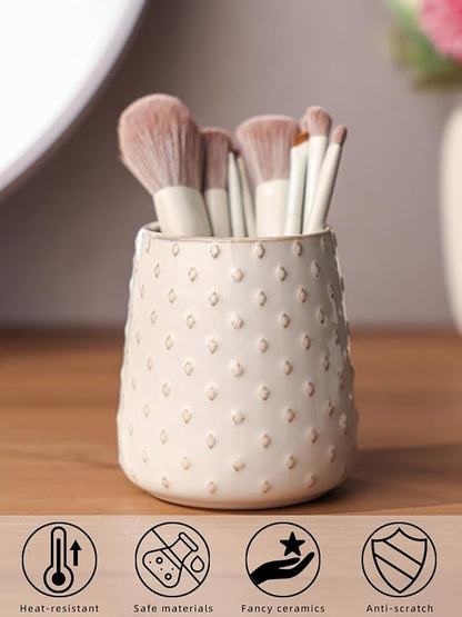 Ceramic Makeup Brush Holders, Farmhouse Bathroom Vanity and Countertop, Brushes Cup for Bathroom Cosmetics, Lipsticks, Vanity Desktop Storage (Vintage White)