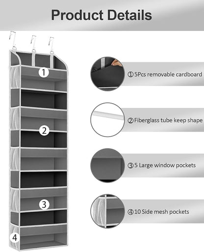 TAHAVICE 2 Pack Over The Door Storage Organizer with 5 Pockets 10 Mesh Side Pockets, 44 lbs Weight Capacity Door Hanging Organizers and Storage for Bedroom,Bathroom,Nursery,Pantry,Dorm(Dark Gray)