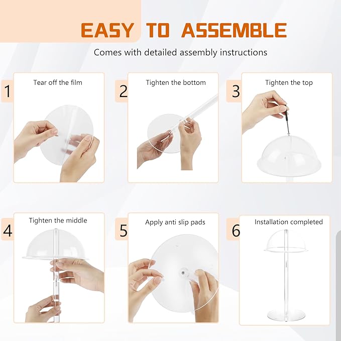 Acrylic Hat Display Stand, 8'' Clear Domed Baseball Cap Rack, Durable Tabletop Cowboy Hat Holder Wig Stand Hat Organizer Stand for Closet, Vendors, Counter, Salons