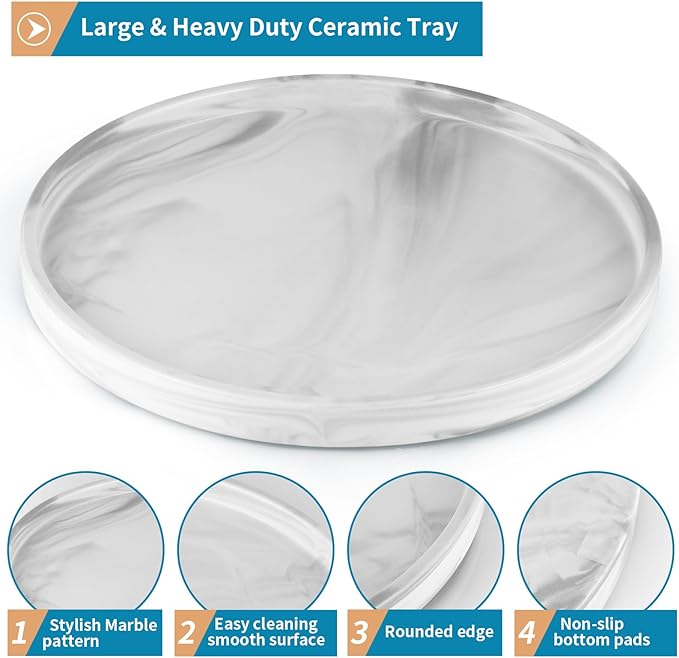 12" Large Ceramic Vanity Tray, Circle Perfume Plate Organizer, Jewelry Holder Dish, Non Slip Decorative Tray for Bathroom, Bedroom, Kitchen, Coffee Table (Marble Grey)